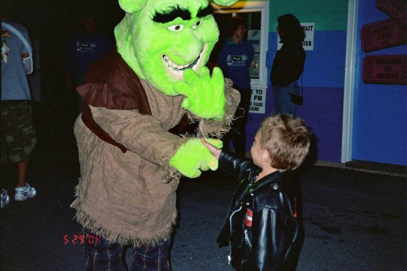 Tyler gets a warm welcome from "SHREK" on his 1st trip to BECKY'S Drive-In!!!