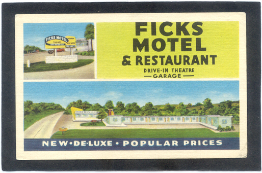 Originally Ficks Motel & Restaurant Opposite Ficks Drive-In Theatre. 2 Miles East at Brownsville, Pa., on Route U.S. 40.