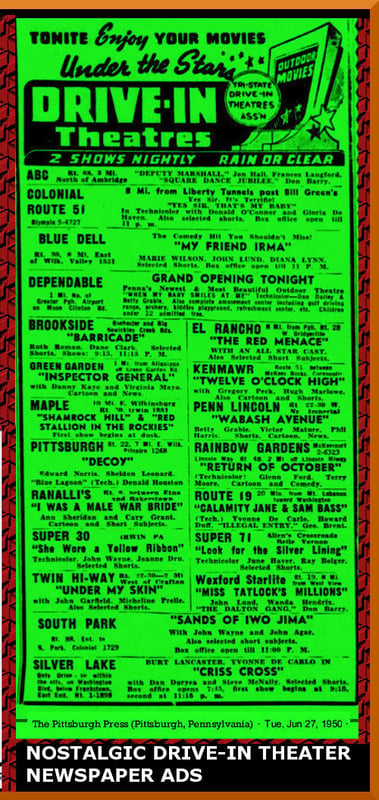 Grand opening ad for the Dependable Drive-in Theater dated June 27, 1950. Actually was just a small inclusion in the Movie Clock. If not legible, the ad reads Dependable. 1 mile from Greater Pgh. Airport on Moon Clinton Rd. Grand Opening Tonight. Pennas N