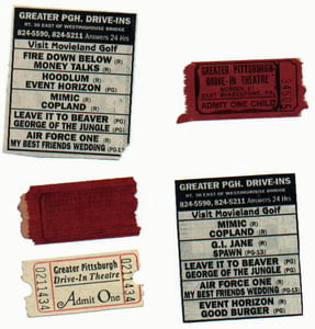 newspaper ads and movie ticket stubs