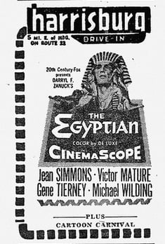 Newspaper ad for the 1954 CinemaScope film, The Egyptian at the Harrisburg Drive-In