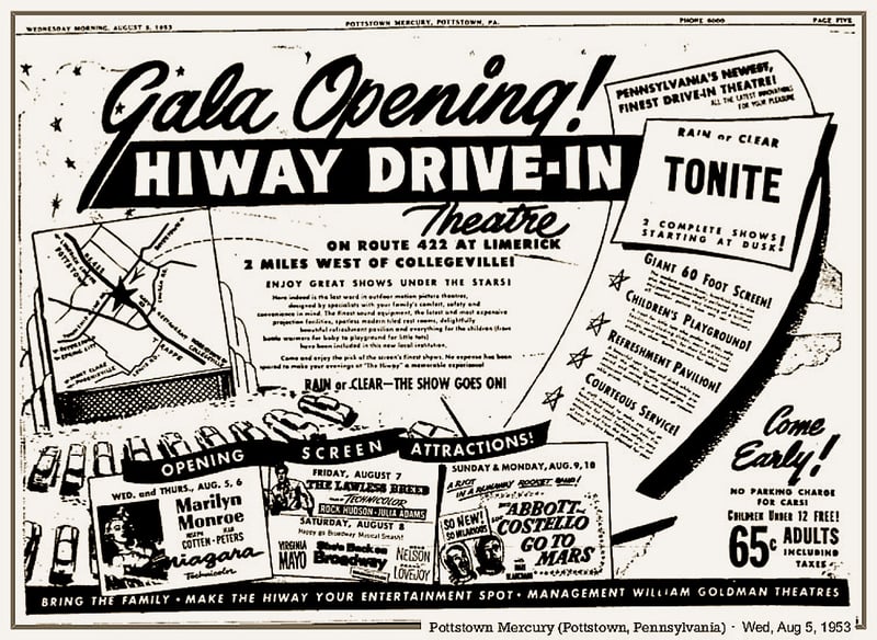 Grand opening ad for the Hi-way Drive-in Theater dated Aug. 5, 1953