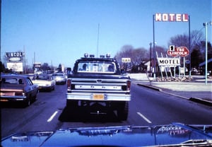 Going north on Route 1 Trevose,PA Lincoln Drive In on left showing the movies Car Wash and Family Plot.