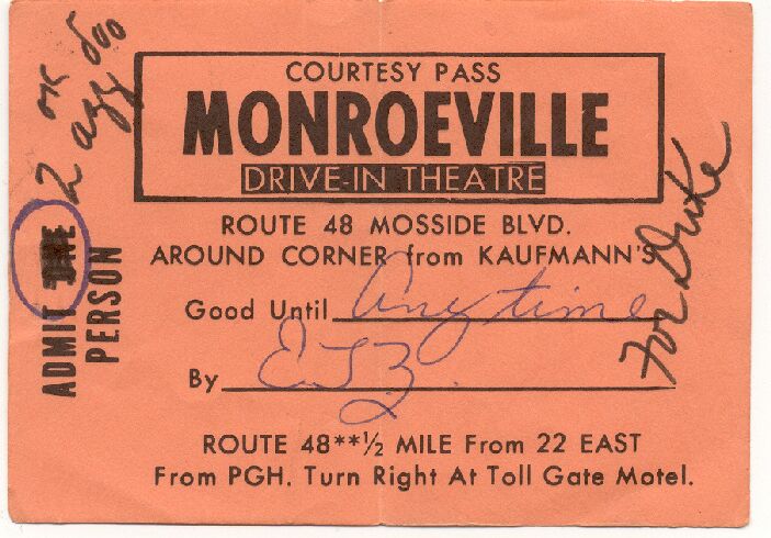 Complimentary Drive-In  Pass issued by Enza Zames (Owner)circa early 1970s.