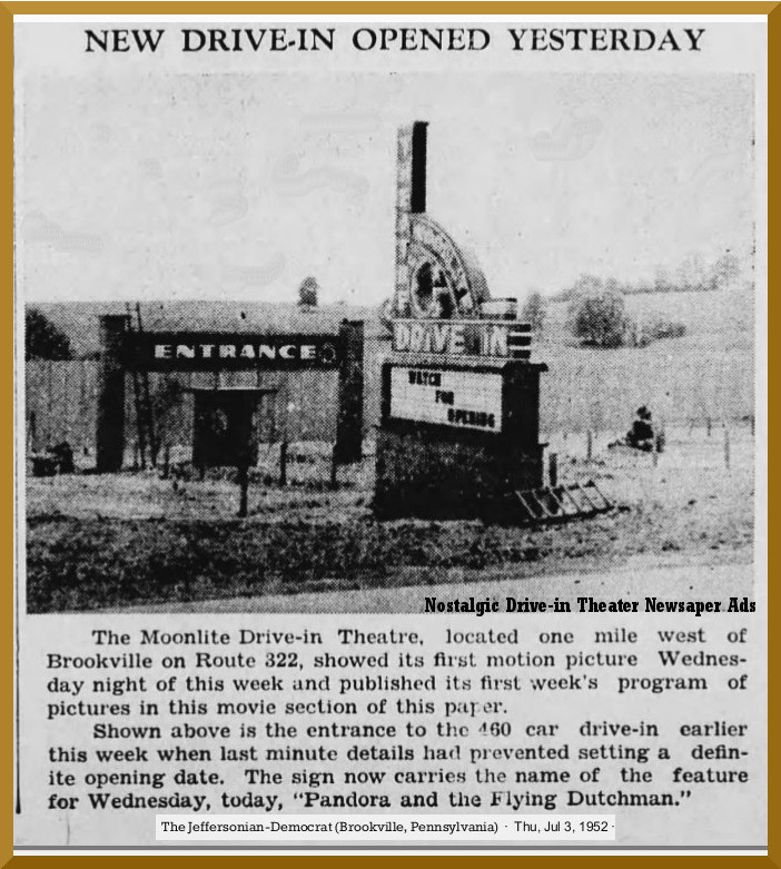 July 3 1952 Grand Opening article for the Moonlite Drive-in Theater, Brookville, PA