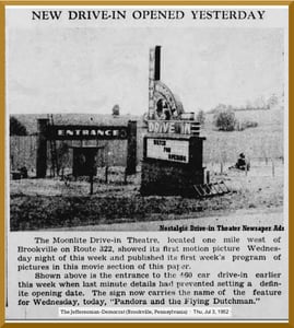 July 3 1952 Grand Opening article for the Moonlite Drive-in Theater, Brookville, PA