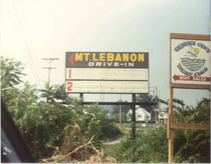 Picture of marquee in 1987 of the Mt lebanon drive-ins  in Washington Pa