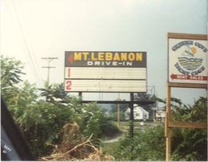 Picture of marquee in 1987 of the Mt lebanon drive-ins  in Washington Pa