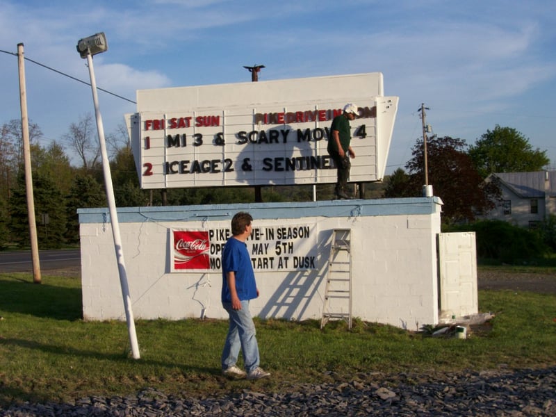 Joe McDade & Andrew from Philly working on the Marquee. The top portion that spells "PIKE" is being restored by ABBY SIGNS of Williamsport, PA. ABBY made the original back in 1954!