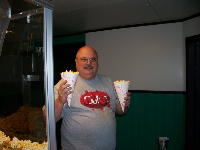 Joe McDade took this picture of me (Crazy Bob) right after we popped the first batch in our new popcorn machine. I've actually have lost over 10lbs. since he snapped the photo! Working at a drive-in gives you plenty of exercise.