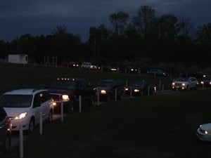 A big line of cars waiting to get in at the Pike. Shrek the Third is the big movie tonight.