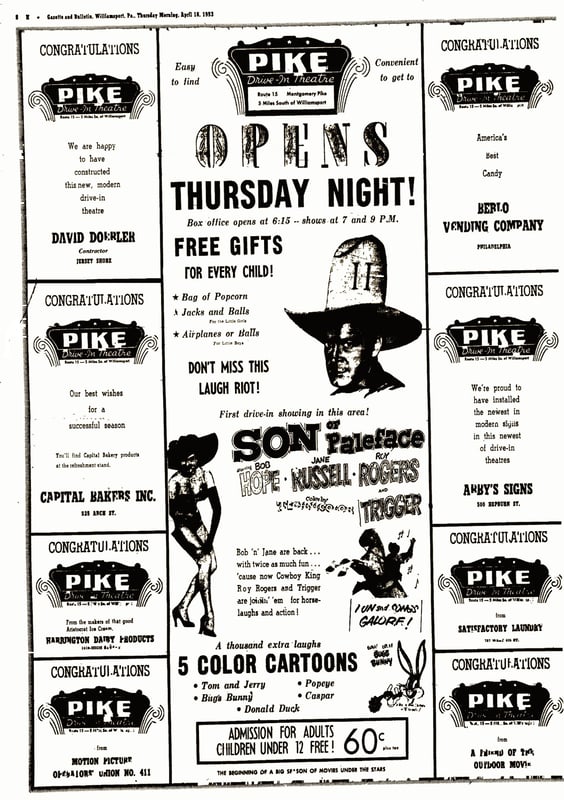 The full newspaper page grand opening ad for the Pike Drive-in in Montgomery, PA dated April, 16, 1953. Ad from Williamsport Gazette. See full album on Facebook page named above for more ads for the Pike and nearby drive-ins, circa 1952-1953.