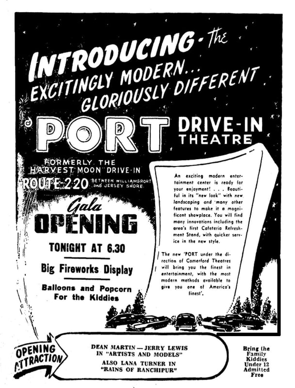 The Harvest Moon is remodeled and reopens as The Port Drive-in on Apr. 20, 1956. The current owners have given the drive-in back its original name.