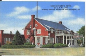 Vintage postcard view of the Shankweiler's Hotel, which is immediately adjacent to the drive-in of the same name.