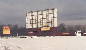 screen tower, marquee + ticket booth in wintertime(from driveintheater.com)