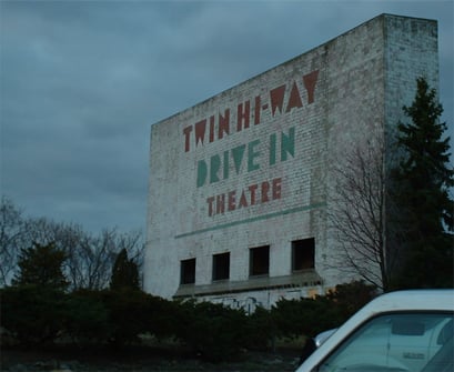 This is a view of the screen-building taken from the bar next door to the drive-in.