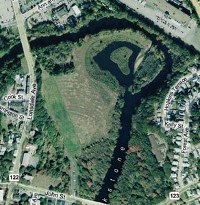 Areal image of the former drive-in site after ReclamationEcosystem Restoration and conversion into a wildlife refuge and public park space.