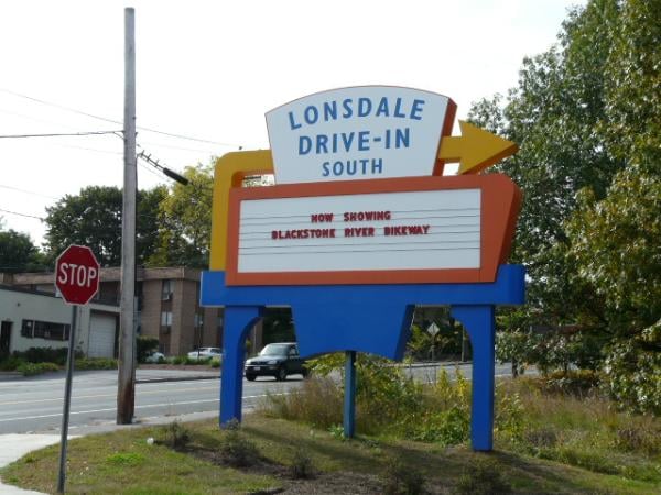 Restored marquee screen, which now serves as a community billboard and announcement space for the state services which oversee the new wildlife refuge at the site.