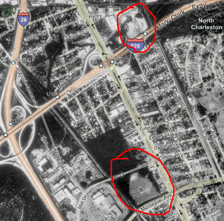 The is a satellite image of where both the Gateway (top) and Port (bottom) Drive-Ins were once located.