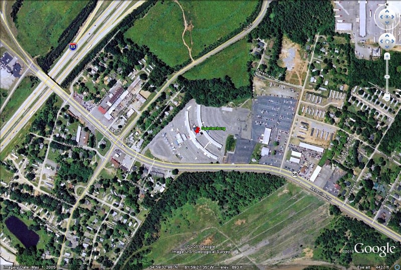 Google Earth image of former site on Hwy 56 Asheville Hwy near I-85-now a flea market