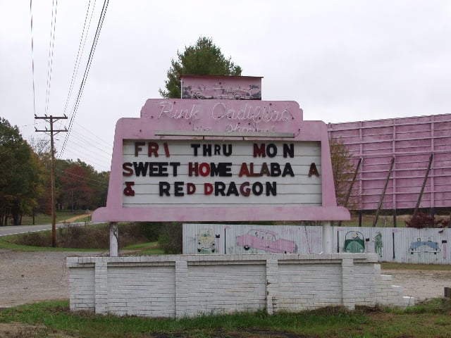 Entrance to Pink Cadillac Drive-In. Off season.