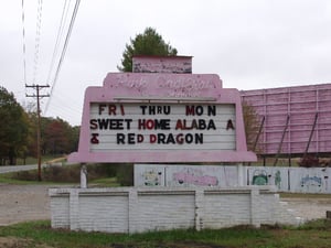 Entrance to Pink Cadillac Drive-In. Off season.