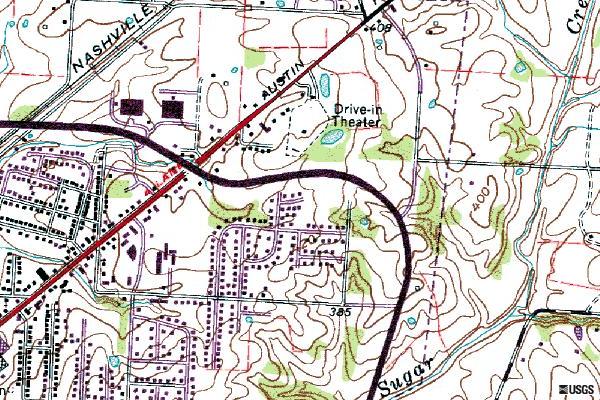 usgs topo map showing location of former drive-in on northeast side of town
