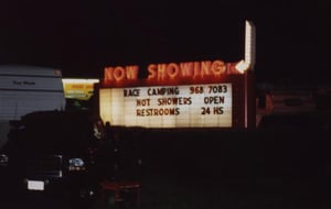 The marquee at the Twin City Drive-In, which turned into the Twin City Campground for the Nascar race weekend at nearby Bristol Motor Speedway.