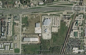 Aerial view of former drive-in site. The area is more built over to the west today