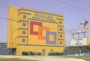 Airline screen tower. The screen was widened for Cinemascope. The movies are Network and Logan's Run. Photo from Ticket to Paradise by John Margolies & Emily Gwathmey.