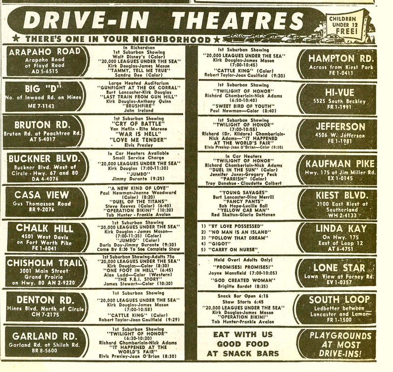 A list of drive in ins the Dallas area from Nov. 22 1963 Dallas Times Herald (The day Kennedy was shot)