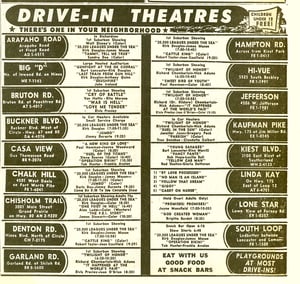 A list of drive in ins the Dallas area from Nov. 22 1963 Dallas Times Herald (The day Kennedy was shot)