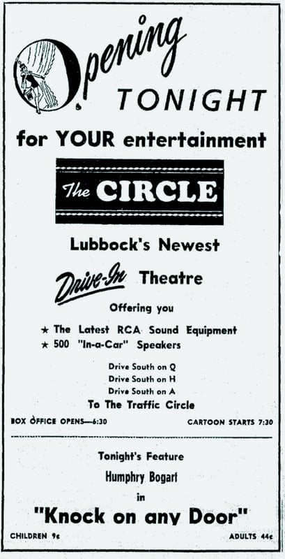 Grand opening ad for the Circle Drive-in Theater in Lubbock, TX dated Nov. 29, 1949