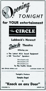 Grand opening ad for the Circle Drive-in Theater in Lubbock, TX dated Nov. 29, 1949