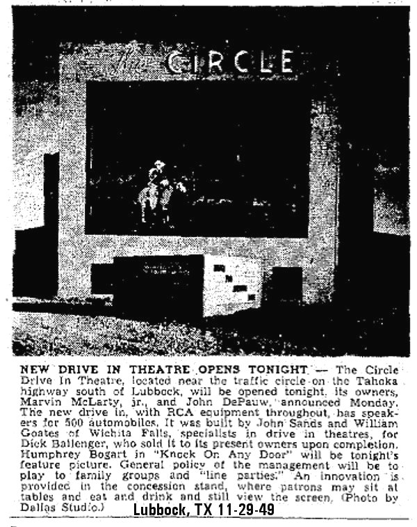 Grand opening article for the Circle Drive-in Theater, Lubbock, TX dated Nov. 29, 1949.