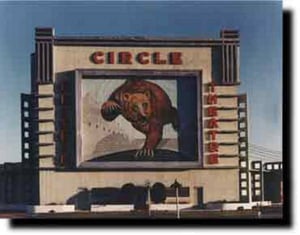 The bear mural on the screen tower during better days. Photo is courtesy of the American Drive-In.