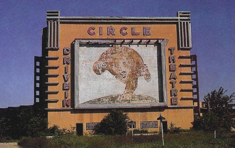 This photo shows the bear mural faded but in much better condition than it was in 2002. Note also the grass and entry lights. Thet were gone in 2002. From Ticket to Paradise by John Margolies and Emily Gwathmey.