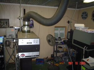 This picture of the projection room shows both projectors. Both projectors are used to make changeovers when this drive-in shows double features. The night I was there, they just used one projector and had an intermission to change reels.