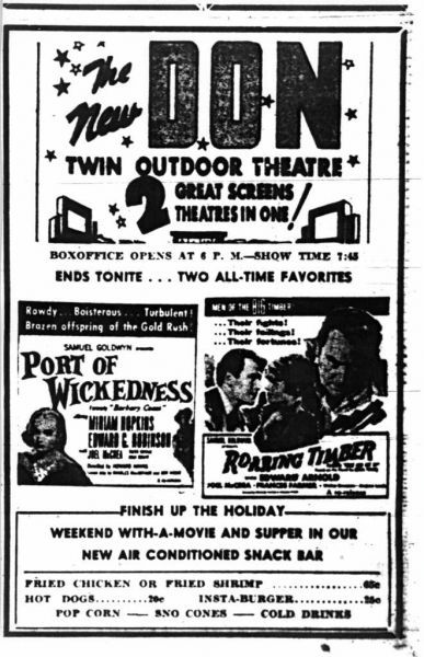 Newspaper ad for the Don Drive-In Theatre.  It had an air-conditioned snack bar.