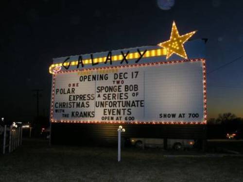 "Grand Opening" night marquee from the Galaxy Drive In Theatre