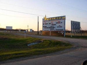 Entrance and Marquee. Screen #1 is in the Far (Left) Background. Back of Screen #3 is to the Right.. Along with the Ticket Booth, Projection Booth for Screen #3, and Snack Bar..