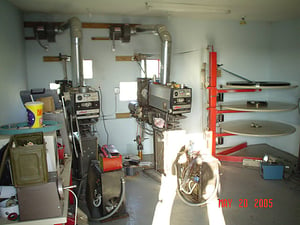 This is the screen 3 projection booth. They can run off reels and make changeovers with this duel-projector setup if they need to. The platter is being used in the photo.