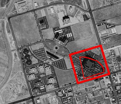 This satellite photo shows the location of the Fiesta Drive-In in Midland, TX. The theater was torn down in the early 1980s and an office complex was built on the site. The USGS topological maps still show a drive-in on the site, from which the orientatio