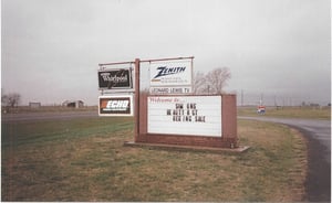 former marquee of the Hill Drive-In, now used by the appliance stores.