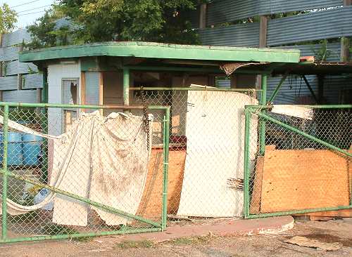 The ticket booth as it now stands. Note in the background the sheet metal that was used to enclose the drive-in.