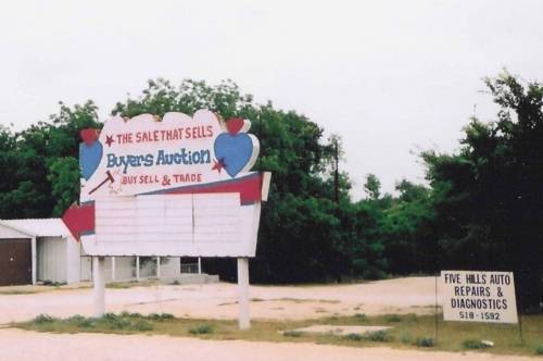 Marquee with "Buyers Auction" advertised and "Five Hills Auto Repairs" sign. To get this photo, I scanned the previous photo at 600 pixels/inch and cropped it. This one turned out sharp.