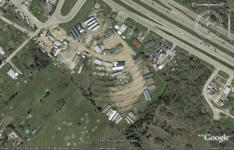 Aerial view of former drive-in site. The concession/projection building can be seen on the field
