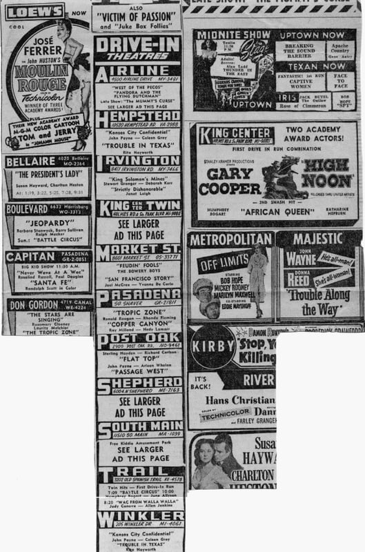 1953 newspaper ad for the Market Street and other Houston drive-in theatres.