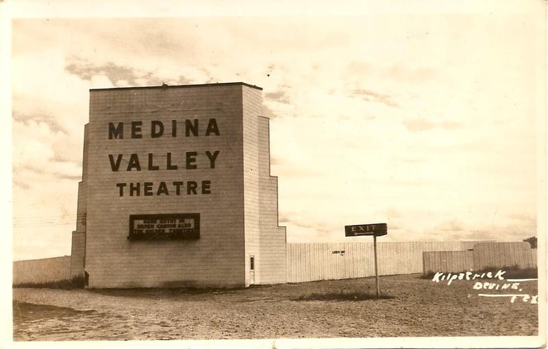 Medina Valley Theatre, Devine, Texas. The Medina Valley Drive-In Theater was located on Highway 81. The movie on the sign was Gene Autry in Silver Canyon . It was produced in 1951. The photographer was Kilpatrick, Devine.