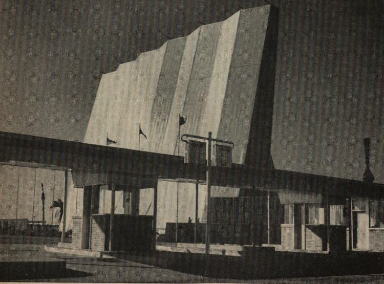 Loews Sharpstown Open-Air Theatre screen tower and box offices from the April 7, 1958 issue of Boxoffice Magazine.